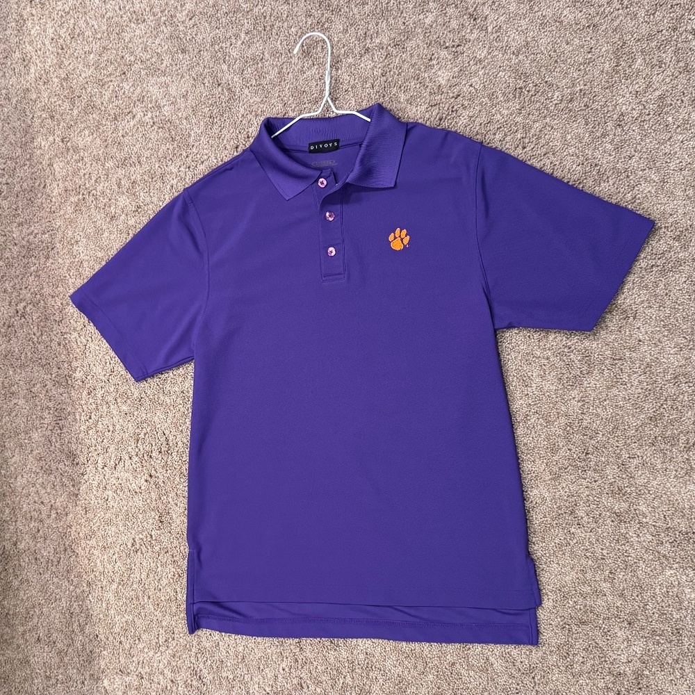 ❤️❤️ 3/$25 Clemson Polo golf shirt adult small by Divots purple with orange logo